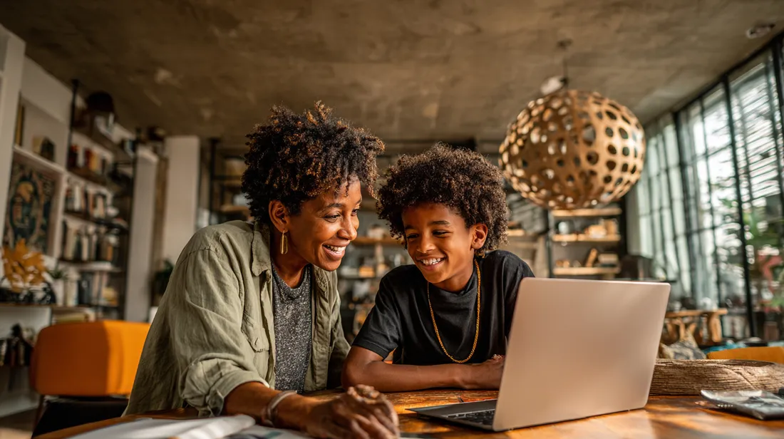 A parent and student learning together at home