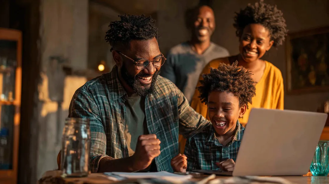 A student celebrating an achievement with family nearby