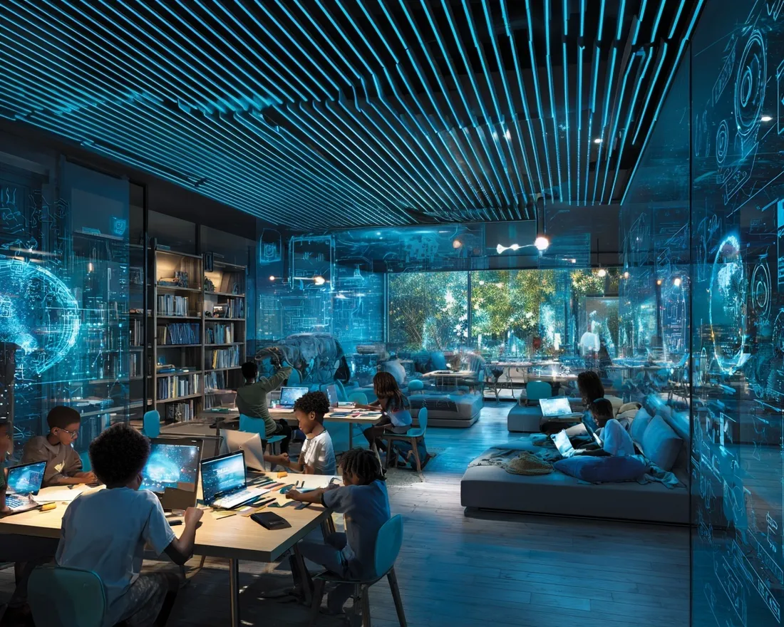 Students collaborating in a modern, tech-forward learning space